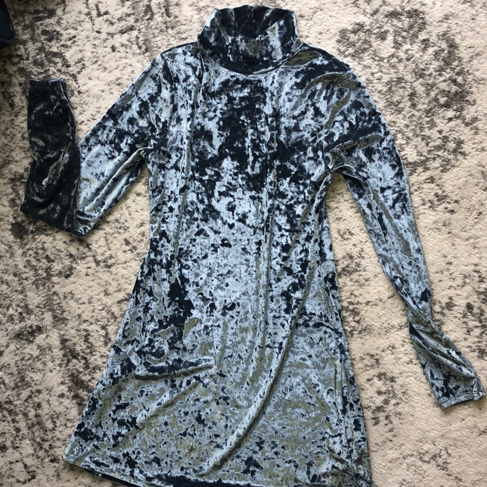 Teal Crushed Velvet High Neck Dress